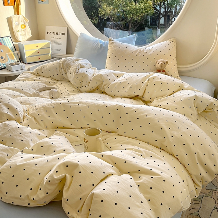 91家纺网 家纺一手货源 找家纺 茉礼 2025新款高克重ins风超柔软软糯糯小清新卡通印花水洗棉四件套 海盐波点