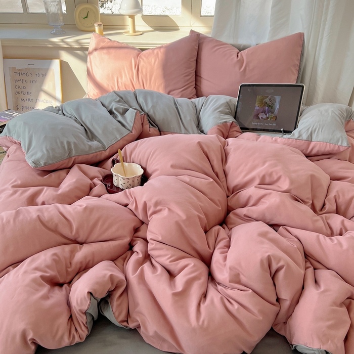 91家纺网 家纺一手货源 找家纺 芷凡家纺 2025新款亲肤棉纯色双拼四件套 豆沙+浅灰