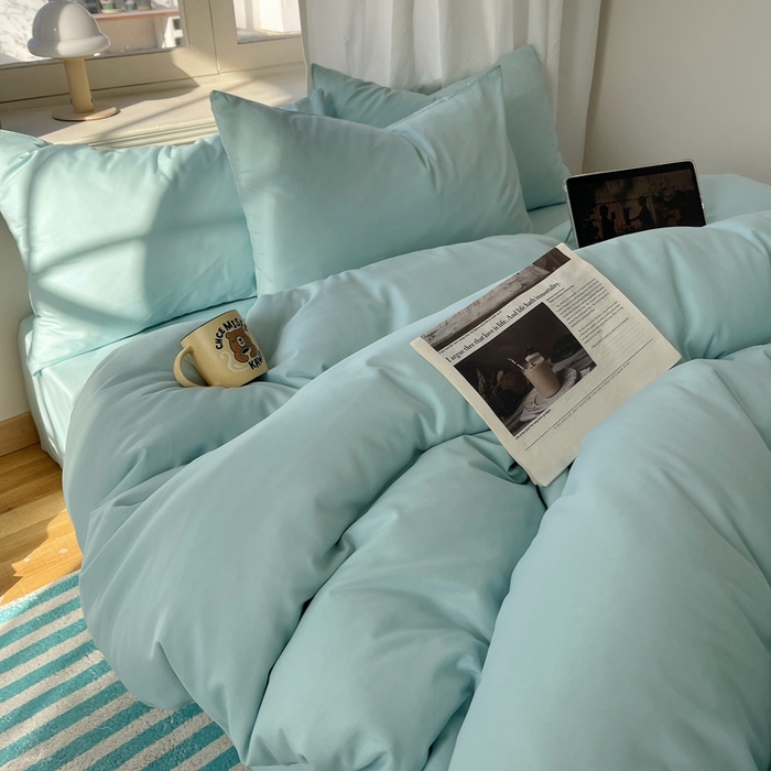 91家纺网 家纺一手货源 找家纺 芷凡家纺 2025新款亲肤棉纯色双拼四件套 蓝灰