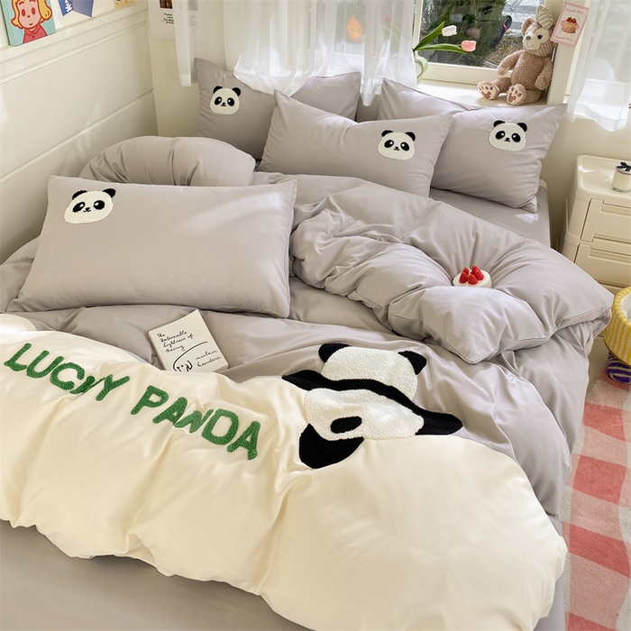 91家纺网 家纺一手货源 找家纺 盛秋家纺 2025新款A类水洗棉毛巾绣四件套-胖达 胖达-山灰