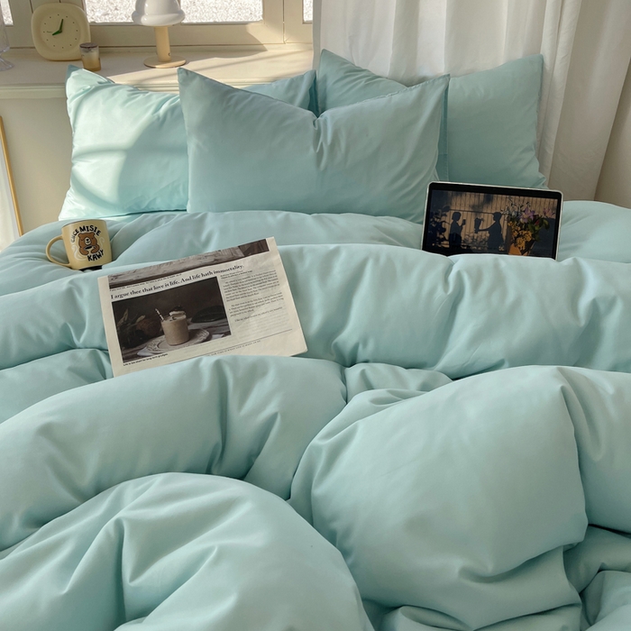 91家纺网 家纺一手货源 找家纺 芷凡家纺 2025新款亲肤棉纯色双拼四件套 蓝灰