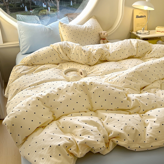 91家纺网 家纺一手货源 找家纺 茉礼 2025新款高克重ins风超柔软软糯糯小清新卡通印花水洗棉四件套 海盐波点