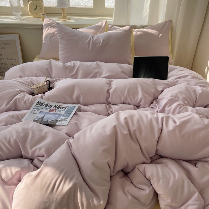 91家纺网 家纺一手货源 找家纺 芷凡家纺 2025新款亲肤棉纯色双拼四件套 丁香紫+奶黄