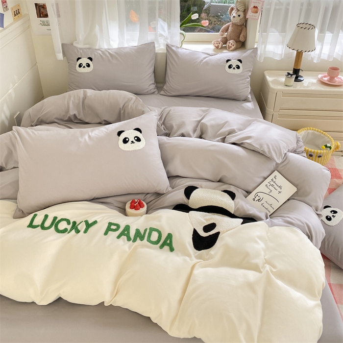 91家纺网 家纺一手货源 找家纺 盛秋家纺 2025新款A类水洗棉毛巾绣四件套-胖达 胖达-山灰