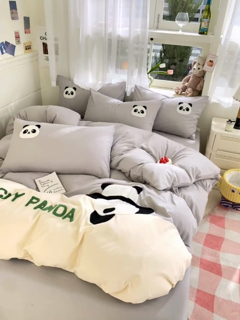 91家纺网 家纺一手货源 找家纺 盛秋家纺 2025新款A类水洗棉毛巾绣四件套-胖达 胖达-山灰