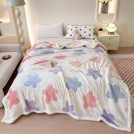 91家纺网 家纺一手货源 找家纺 恋佳居 2025新款羊羔绒包边雪花绒小清新毛毯 满天星