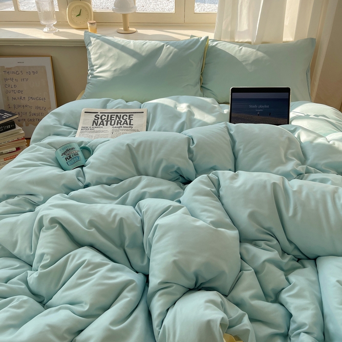 91家纺网 家纺一手货源 找家纺 芷凡家纺 2025新款亲肤棉纯色双拼四件套 蓝灰+奶黄