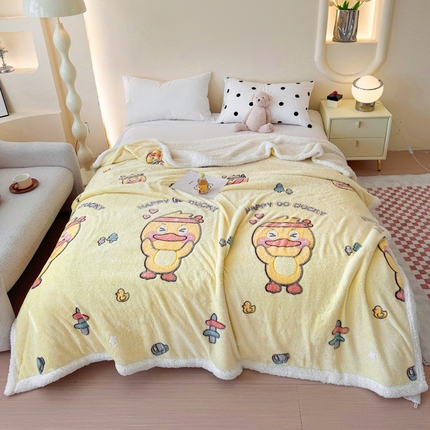 恋佳居 2025新款羊羔绒包边雪花绒小清新毛毯 元气小黄鸭