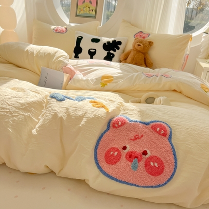 韩巢家纺 2025新款大版水洗棉皱皱纱毛巾绣四件套(提供卖家秀) 困困小猪