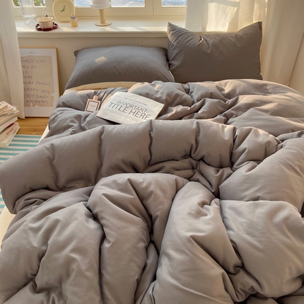 芷凡家纺 2025新款亲肤棉纯色双拼四件套 银灰+米白