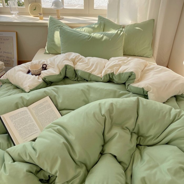 91家纺网 家纺一手货源 找家纺 芷凡家纺 2025新款亲肤棉纯色双拼四件套 果绿+米白