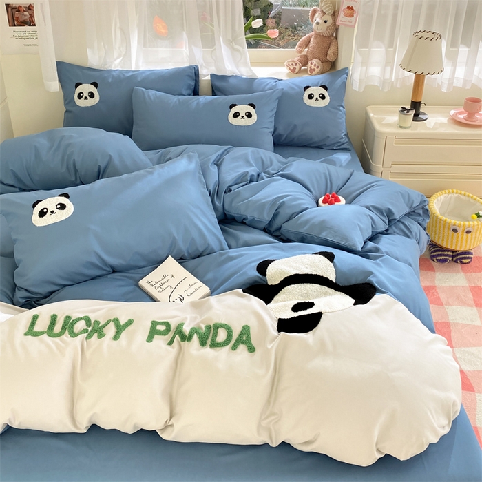 91家纺网 家纺一手货源 找家纺 盛秋家纺 2025新款A类水洗棉毛巾绣四件套-胖达 胖达-宾利蓝