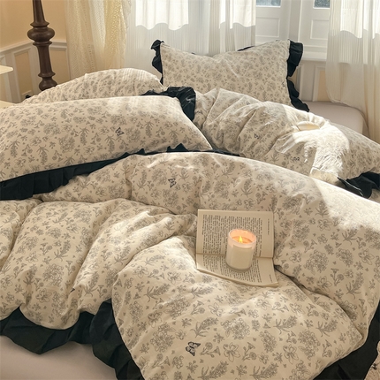 羚羊语家纺 2025新款春夏ins40支全棉韩式花边款轻法式13372小清新喷气印花纯棉四件套被套床单床笠三件套 椿亭序