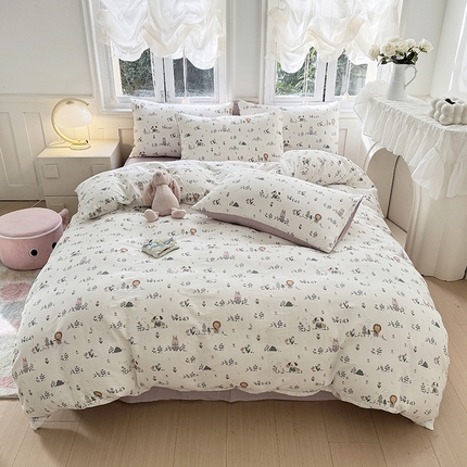 91家纺网 家纺一手货源 找家纺 佰亿莱 2025新款卡通双层纱水洗棉四件套 森屿