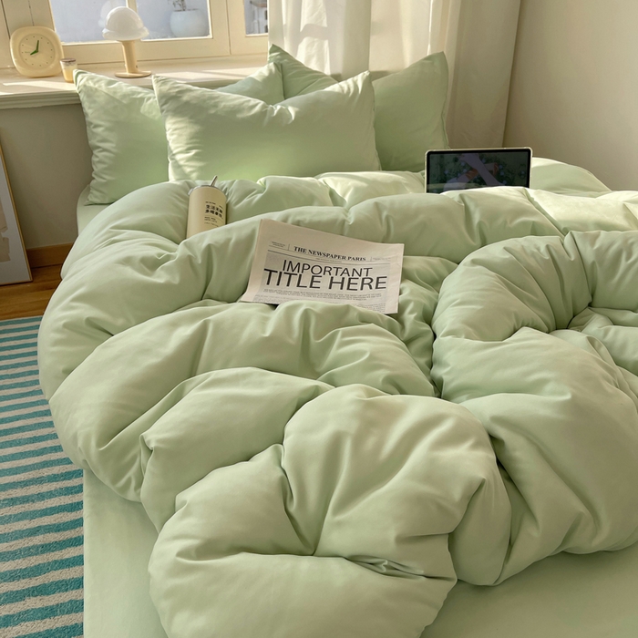 91家纺网 家纺一手货源 找家纺 芷凡家纺 2025新款亲肤棉纯色双拼四件套 浅绿