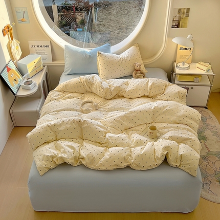 91家纺网 家纺一手货源 找家纺 茉礼 2025新款高克重ins风超柔软软糯糯小清新卡通印花水洗棉四件套 海盐波点