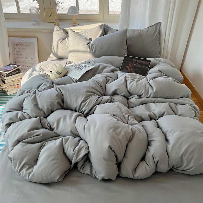 91家纺网 家纺一手货源 找家纺 芷凡家纺 2025新款亲肤棉纯色双拼四件套 浅灰