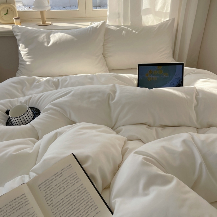 91家纺网 家纺一手货源 找家纺 芷凡家纺 2025新款亲肤棉纯色双拼四件套 奶白