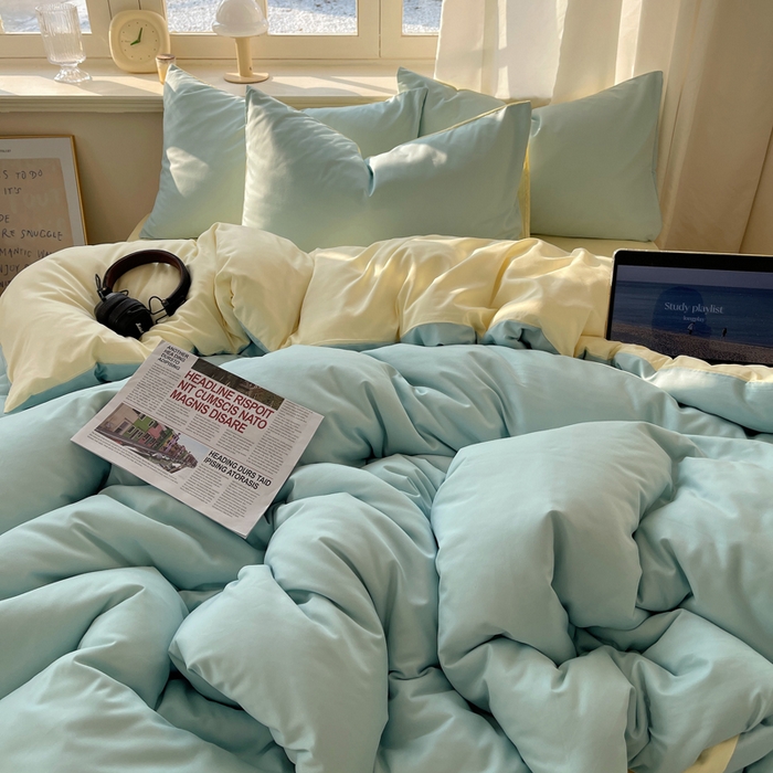 91家纺网 家纺一手货源 找家纺 芷凡家纺 2025新款亲肤棉纯色双拼四件套 蓝灰+奶黄