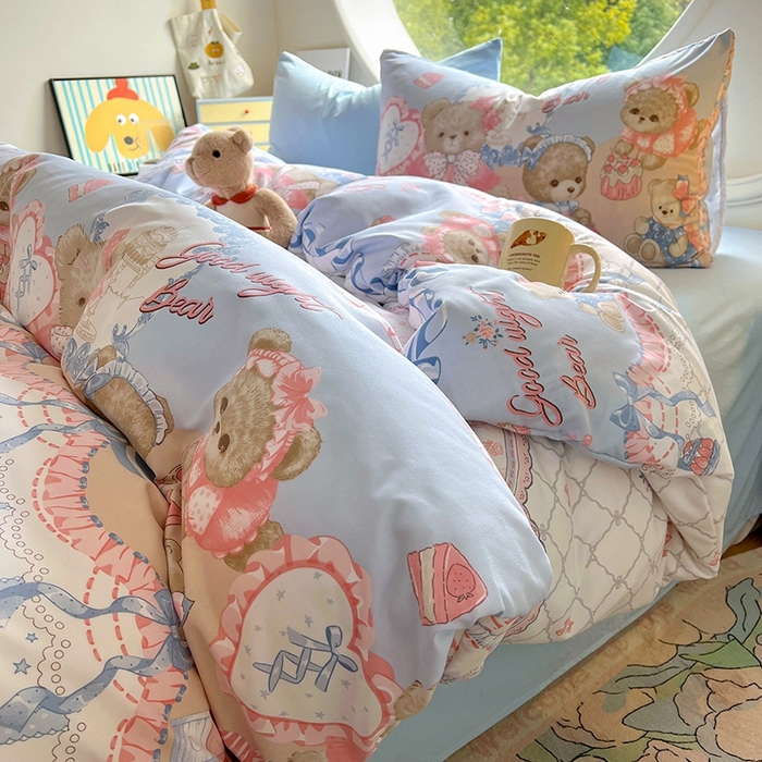 91家纺网 家纺一手货源 找家纺 茉礼 2025新款高克重ins风超柔软软糯糯小清新卡通印花水洗棉四件套 洛丽小熊