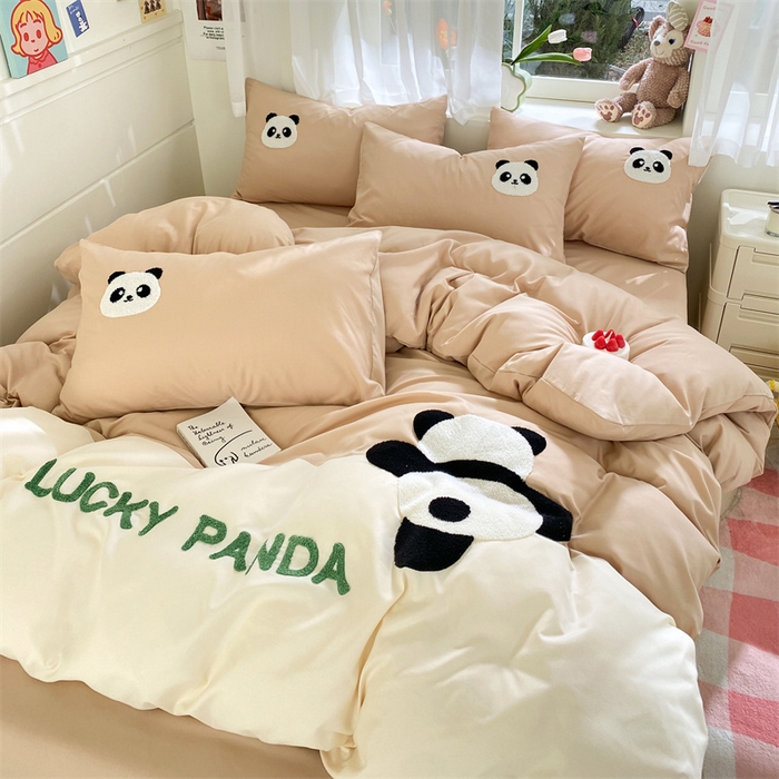 91家纺网 家纺一手货源 找家纺 盛秋家纺 2025新款A类水洗棉毛巾绣四件套-胖达 胖达-奶茶