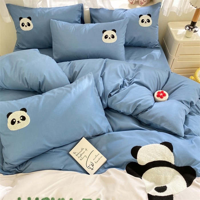 91家纺网 家纺一手货源 找家纺 盛秋家纺 2025新款A类水洗棉毛巾绣四件套-胖达 胖达-宾利蓝