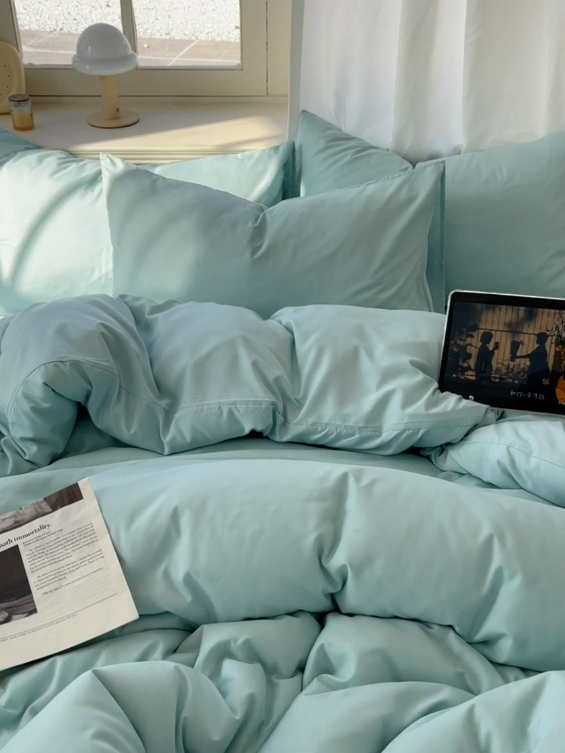 91家纺网 家纺一手货源 找家纺 芷凡家纺 2025新款亲肤棉纯色双拼四件套 蓝灰