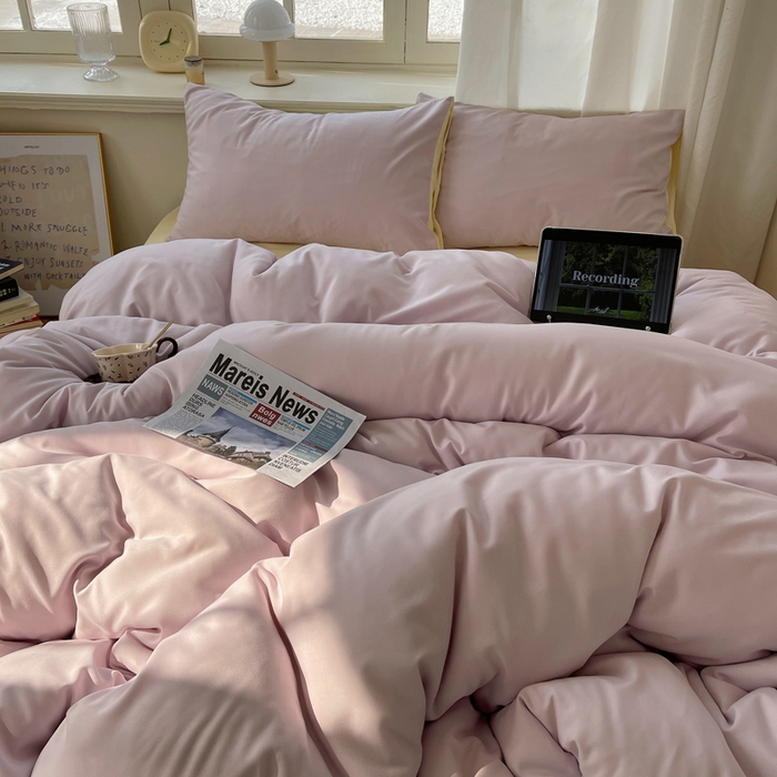 91家纺网 家纺一手货源 找家纺 芷凡家纺 2025新款亲肤棉纯色双拼四件套 丁香紫+奶黄