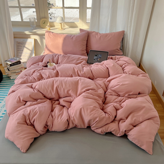 91家纺网 家纺一手货源 找家纺 芷凡家纺 2025新款亲肤棉纯色双拼四件套 豆沙+浅灰