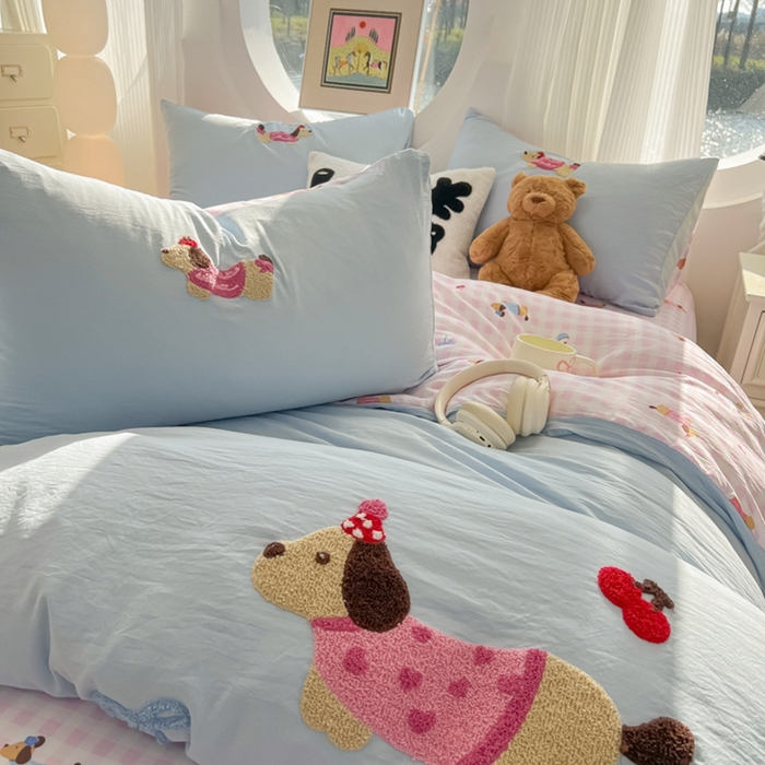 91家纺网 家纺一手货源 找家纺 韩巢家纺 2025新款大版水洗棉皱皱纱毛巾绣四件套(提供卖家秀) 格纹小狗