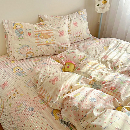 希诺家居 2025新款全棉卡通小清新床盖四件套 花园派对
