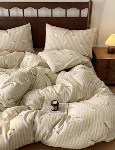 91家纺网 家纺一手货源 找家纺 呗旺鹿 2025新款A类母婴级全棉有氧双层纱印花四件套 哈哈狗