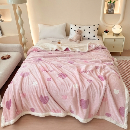 恋佳居 2025新款羊羔绒包边雪花绒小清新毛毯 爱心满满