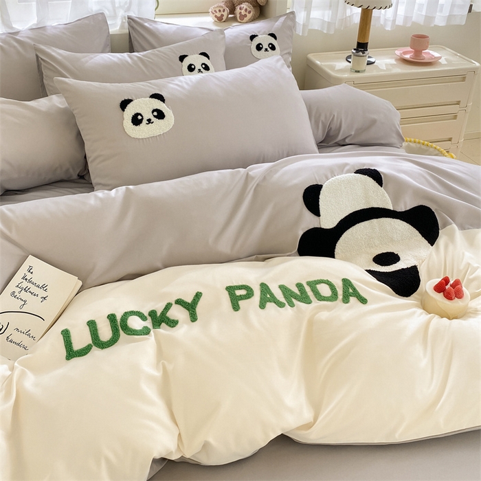 91家纺网 家纺一手货源 找家纺 盛秋家纺 2025新款A类水洗棉毛巾绣四件套-胖达 胖达-山灰