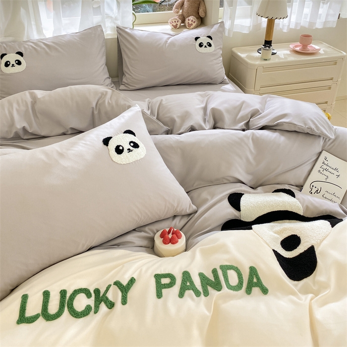 91家纺网 家纺一手货源 找家纺 盛秋家纺 2025新款A类水洗棉毛巾绣四件套-胖达 胖达-山灰