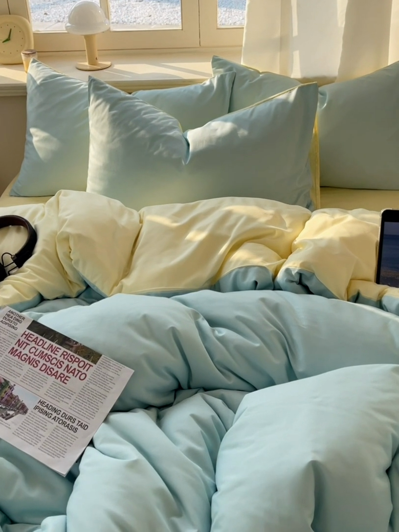 91家纺网 家纺一手货源 找家纺 芷凡家纺 2025新款亲肤棉纯色双拼四件套 蓝灰+奶黄