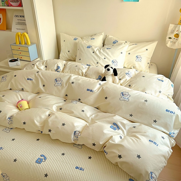 91家纺网 家纺一手货源 找家纺 希诺家居 2025新款全棉卡通小清新床盖四件套 电话小熊