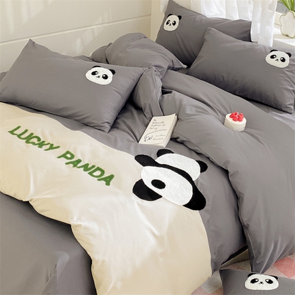 盛秋家纺 2025新款A类水洗棉毛巾绣四件套-胖达 胖达-中灰
