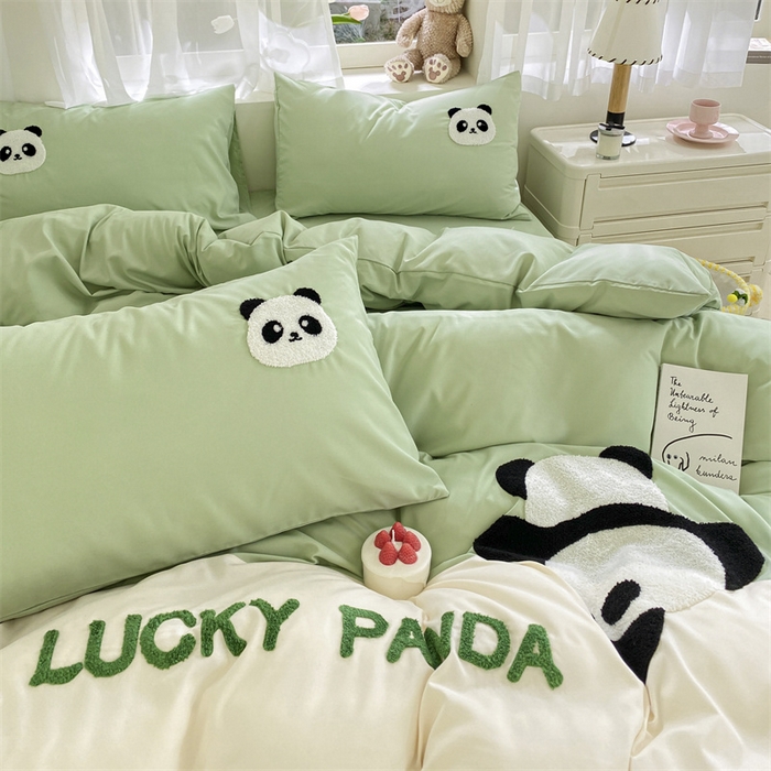 91家纺网 家纺一手货源 找家纺 盛秋家纺 2025新款A类水洗棉毛巾绣四件套-胖达 胖达-果绿