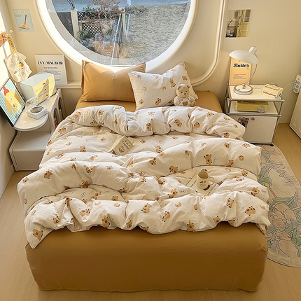 91家纺网 家纺一手货源 找家纺 茉礼 2025新款高克重ins风超柔软软糯糯小清新卡通印花水洗棉四件套 小卡皮