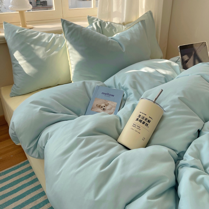 91家纺网 家纺一手货源 找家纺 芷凡家纺 2025新款亲肤棉纯色双拼四件套 蓝灰+奶黄