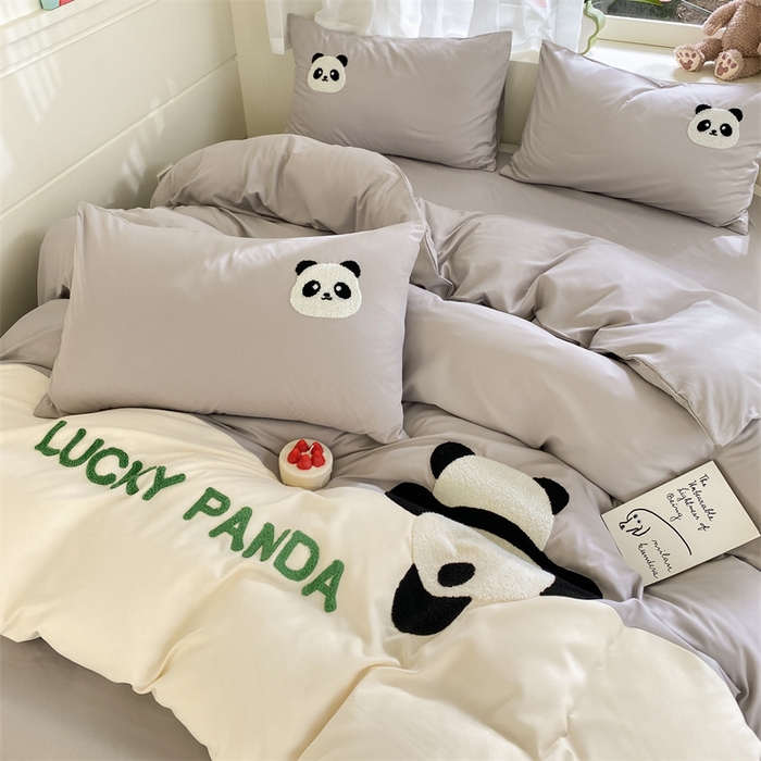 91家纺网 家纺一手货源 找家纺 盛秋家纺 2025新款A类水洗棉毛巾绣四件套-胖达 胖达-山灰