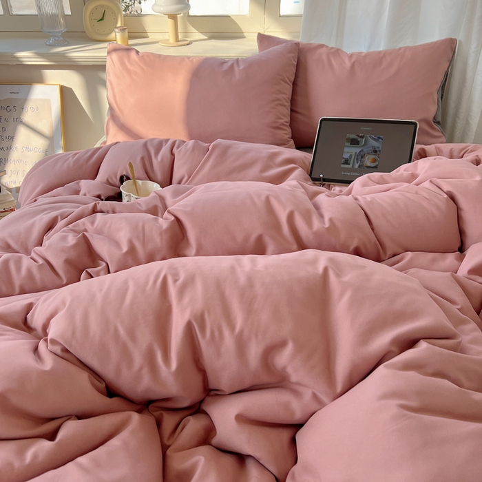 91家纺网 家纺一手货源 找家纺 芷凡家纺 2025新款亲肤棉纯色双拼四件套 豆沙+浅灰