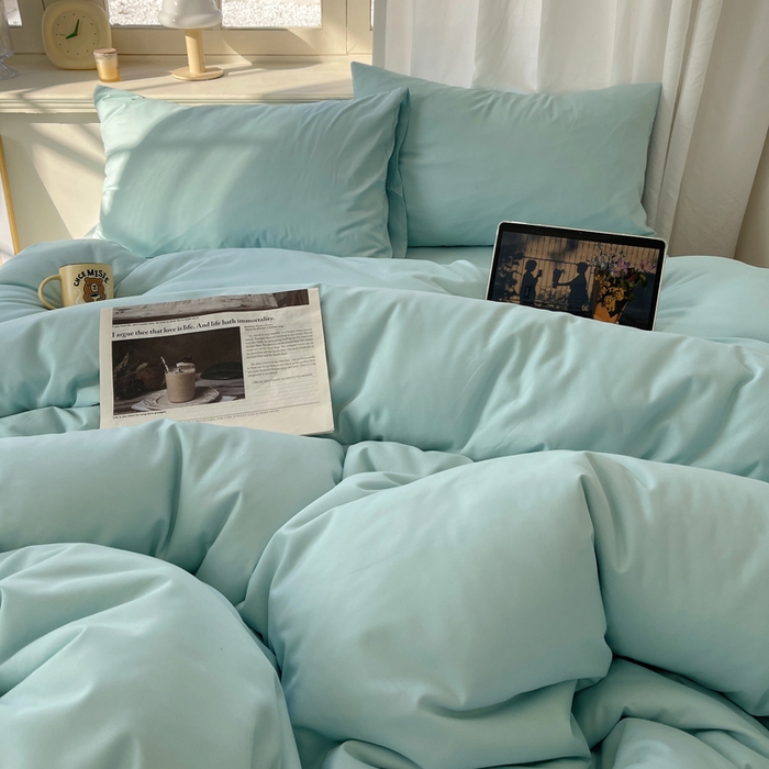 91家纺网 家纺一手货源 找家纺 芷凡家纺 2025新款亲肤棉纯色双拼四件套 蓝灰