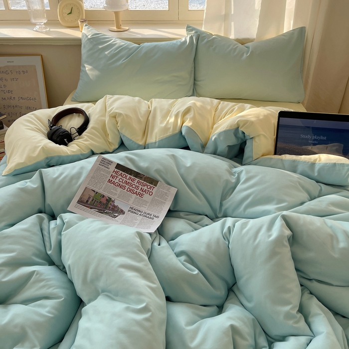 91家纺网 家纺一手货源 找家纺 芷凡家纺 2025新款亲肤棉纯色双拼四件套 蓝灰+奶黄