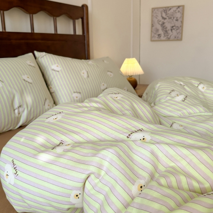 91家纺网 家纺一手货源 找家纺 呗旺鹿 2025新款A类母婴级全棉有氧双层纱印花四件套 哈哈狗