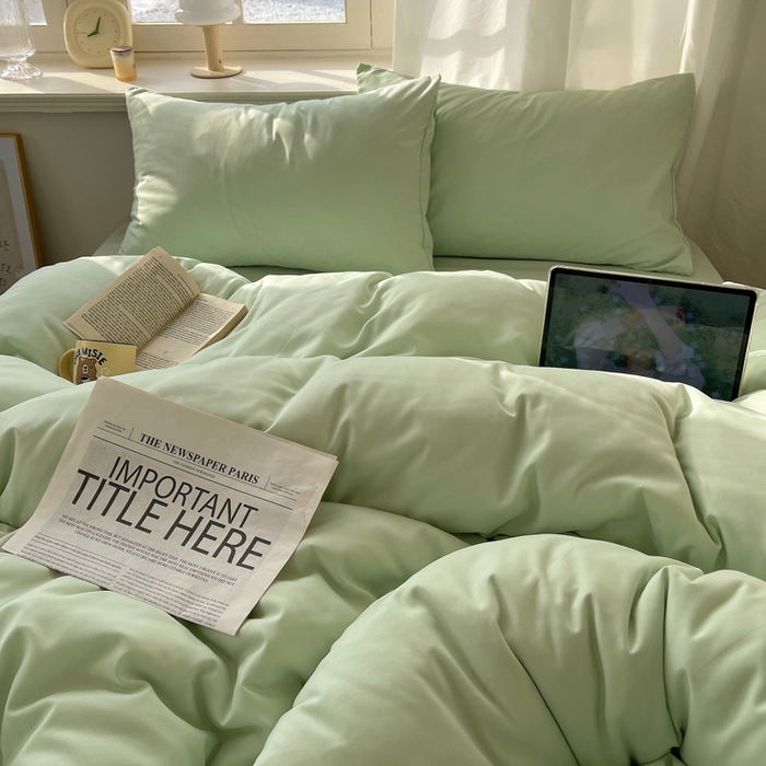 91家纺网 家纺一手货源 找家纺 芷凡家纺 2025新款亲肤棉纯色双拼四件套 浅绿