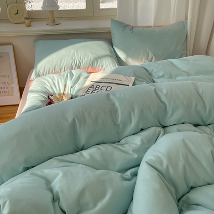 芷凡家纺 2025新款亲肤棉纯色双拼四件套 蓝灰+奶油粉