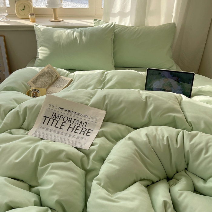 91家纺网 家纺一手货源 找家纺 芷凡家纺 2025新款亲肤棉纯色双拼四件套 浅绿