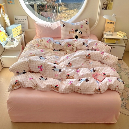 茉礼 2025新款高克重ins风超柔软软糯糯小清新卡通印花水洗棉四件套 格子小狗